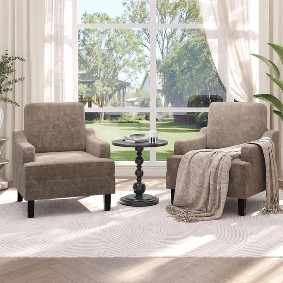 Light Brown Chenille Scooped Comfy Accent Armchairs Set of 2 | Sturdy wood & iron frame, Mid century modern, Easy assembly, Great for living room, bedroom or reading nook