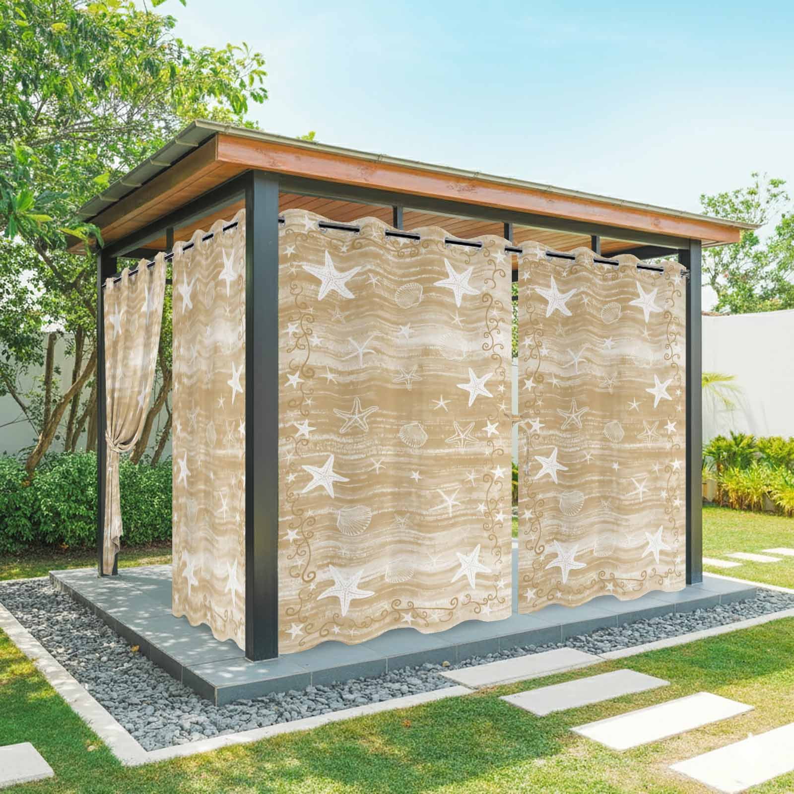 Light Brown Coastal Outdoor Curtains for Patio, Starfish Shell Summer Beach Ocean Rustic Sunshade Privacy Drapes Grommet Waterproof Outside Curtains for Porch/Cabana/Balcony 54"x 108", 1 Panel