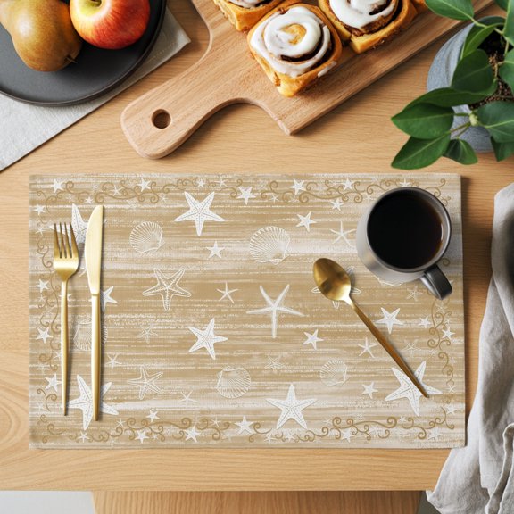 Light Brown Coastal Placemats Set of 6, Starfish Shell Summer Beach Ocean Rustic Non-Slip Place Mats Washable Table Mats for Kitchen Dining Table Decorations Indoor/Outdoor