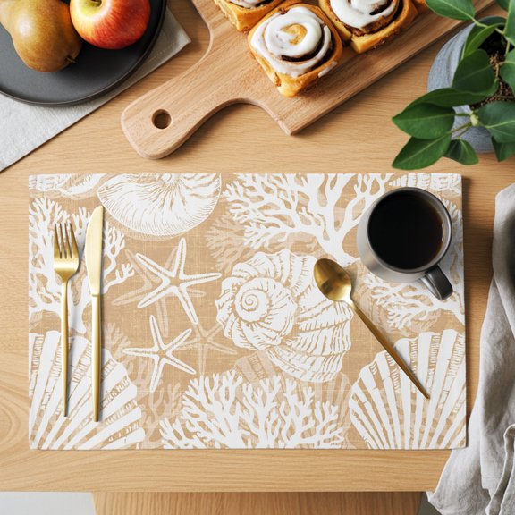 Light Brown Coastal Starfish Placemats Set of 1, Beach Nautical Coral Shell Summer Non-Slip Place Mats Washable Table Mats for Kitchen Dining Table Decorations Indoor/Outdoor