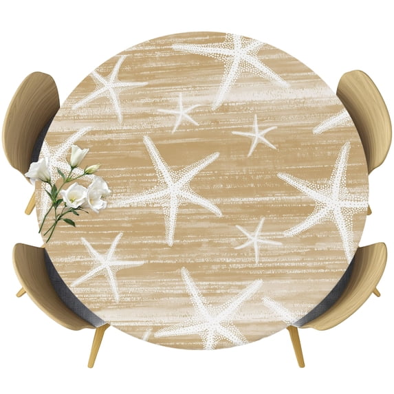 Light Brown Coastal Starfish Round Tablecloth 36-44 Inch Round Fitted Table Cloth with Elastic Edge, Nautical Summer Beach Ocean Waterproof Table Cover Protector for Outdoor Picnic Party Dining