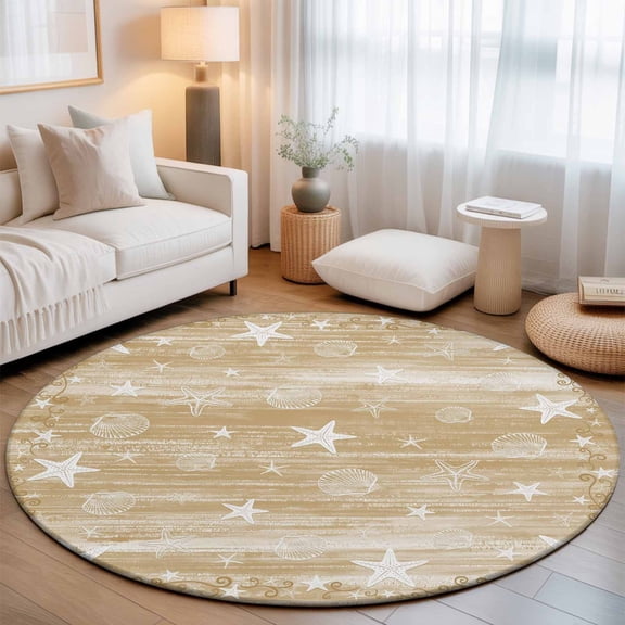 Light Brown Coastal Washable Round Area Rug 3 ft, Starfish Shell Summer Beach Ocean Rustic, Soft Non Slip Rugs Stain Repellent Indoor Felt Carpet for Living Dining Room Bedroom Home Office