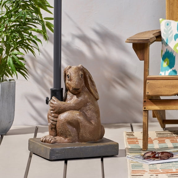 Light Brown Concrete Rabbit Umbrella Base - 13.5" x 13.5" x 16.25" Patio Umbrella Stand with Iron Tube, Hand-Crafted, Resin Finish, Ideal for Outdoor Shade on Deck, Garden & Patio