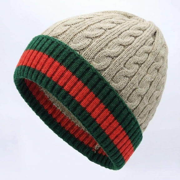 Light Brown Cozy Unisex Winter Fashion Beanie Tam With Chic Green and Red Strip Chuff