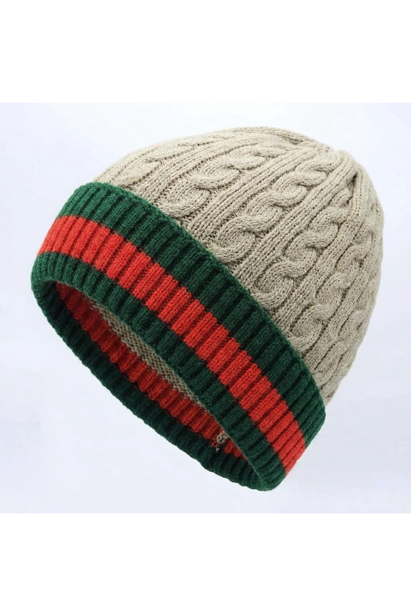 Light Brown Cozy Unisex Winter Fashion Beanie Tam With Chic Green and Red Strip Chuff