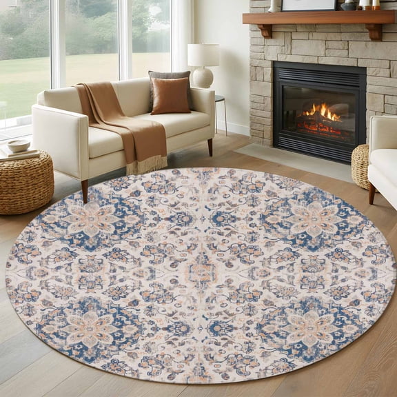 Light Brown Dark Blue 8FT Round Area Rugs for Living Room Flower Ethnic Middle East Vintage Retro Ultra-Thin Non-Slip Round Rugs Washable Low Pile Circle Carpet for Bedroom Kitchen Nursery