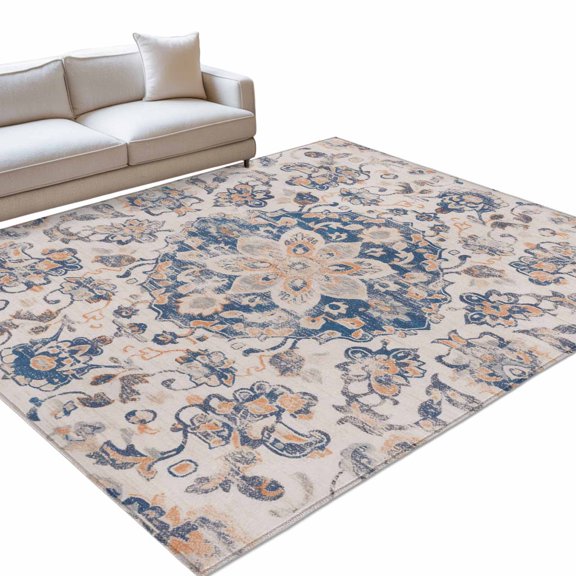 Light Brown Dark Blue Area Rug, Flower Ethnic Middle East Non-Slip Felt Rubber Backing Rectangle Indoor Carpet Washable Rugs for Living Room Bedroom 5x7ft