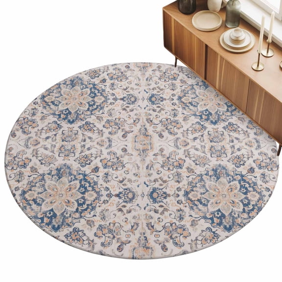 Light Brown Dark Blue Area Rug, Flower Ethnic Middle East Non-Slip Felt Rubber Backing Round Indoor Carpet Washable Rugs for Living Room Bedroom 3ft