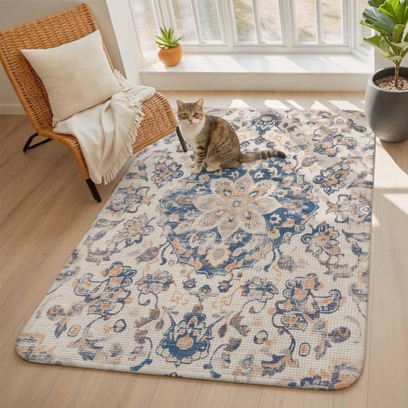 Light Brown Dark Blue Area Rugs for Living Room 5x6, Flower Ethnic Middle East Vintage Retro Washable Area Rug with Non Slip Backing, Stain Resist Carpet for Bedroom, Dining Room, Entryway, Entrance