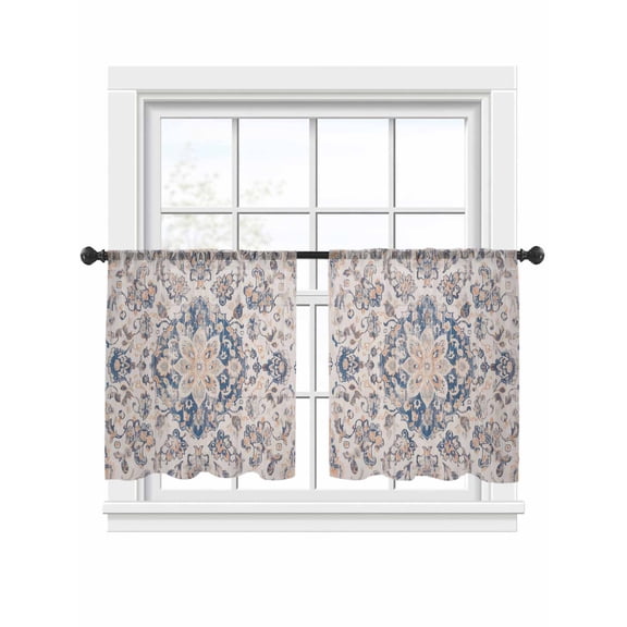Light Brown Dark Blue Sheer Curtains 2 Panels Set Flower Ethnic Middle East Sheer Window Curtains Light Filtering Rod Pocket Voile Drapes for Bedroom Living Room 52"x54"