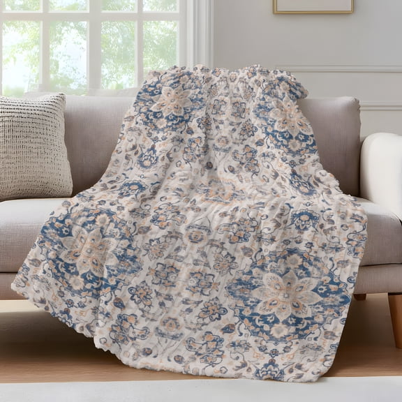 Light Brown Dark Blue Throw Blanket for Couch Flower Ethnic Middle East Vintage Retro Soft and Warm Flannel 3D Striped Fluffy Fuzzy Fleece Blanket Lightweight Throw for Bed, Sofa 30 x 40 Inches