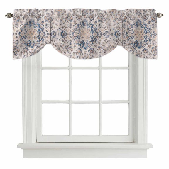 Light Brown Dark Blue Tie Up Valance for Windows Flower Ethnic Middle East Vintage Retro Adjustable Curtain Valance Rod Pocket Balloon Shade Window Treatment for Kitchen Living Room Bedroom 42x12inch