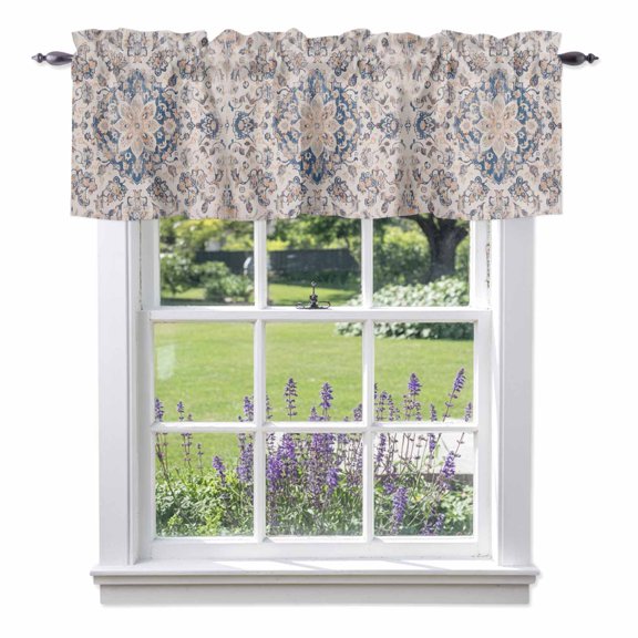 Light Brown Dark Blue Valances for Windows Flower Ethnic Middle East Rod Pocket Cafe Window Treatments Valance Curtains for Kitchen Bathroom Laundry Basement Windows 54"x18"