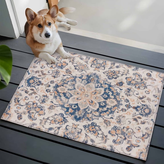 Light Brown Dark Blue Washable Area Rug 2x3 Flower Ethnic Middle East Vintage Retro Low-Profile Area Rugs with Non Slip Backing Indoor Floor Carpet for Entrance Living Room Bedroom Home Office