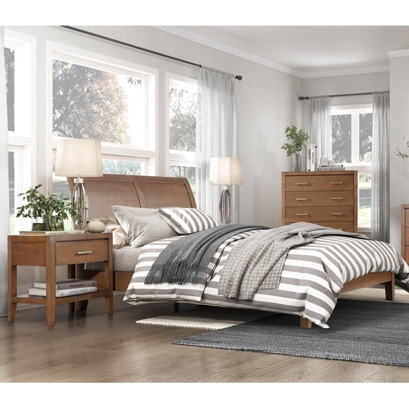 Light Brown Finish 3pc Bedroom Queen Platform Bed Chest Nightstand Set Wooden Furniture