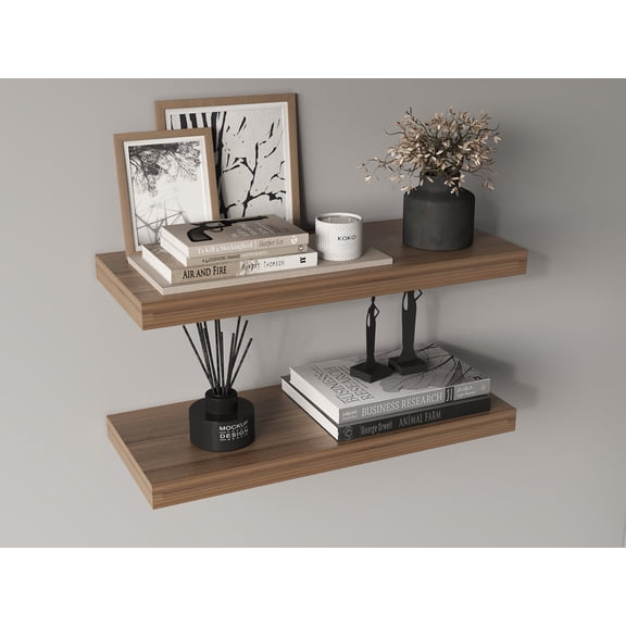 Light Brown Floating Shelves Set of 2 for Wall Decor, 31.5 Wide Particle Board Shelves for Bedroom, Bathroom Storage & Living Room Bookshelves