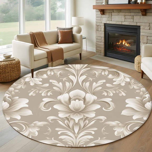 Light Brown Flowers 6ft Round Rugs, Rustic Boho Ethnic Middle Century Washable Non-Slip Area Rugs for Living Room Bedroom Kitchen, Soft Low Pile Dining Room Kicthen Circle Carpet, Indoor Floor Rug