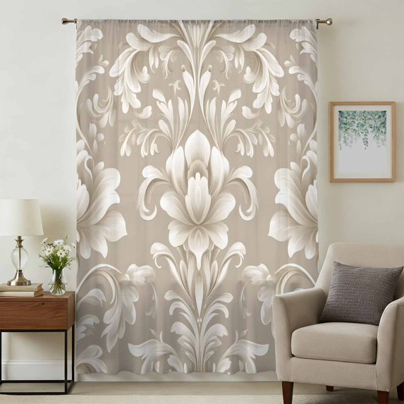 Light Brown Flowers Sheer Curtains 45 Inches Long, Rustic Boho Ethnic Middle Century Light Filering Curtains, Breathable Simi Curtain Privacy Drapes for Kitchen Bathroom Small Window Treatment