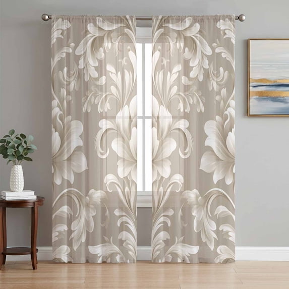 Light Brown Flowers Sheer Curtains 63 Inch Length 2 Panels Set, Rustic Boho Ethnic Middle Century Voile Window Treatment Rod Pocket Curtains Sheers Drapes for Bedroom/Living Room/Kitchen 52x"63"x2
