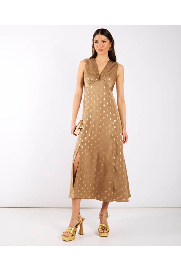 Light Brown Foil Satin Midi Dress