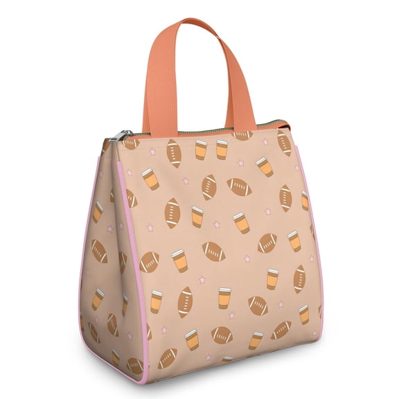 Light Brown Footballs and Cups Pattern Insulated Lunch Bag for Women & Adults,Large Portable Soft Cooler Lunch Bag,Thermal Food Storage Tote with Pearl Cotton,8.66L,8.75x5.75x9.5 Inch
