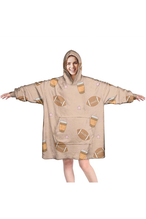 Light Brown Footballs and Cups Pattern Wearable Oversized Blanket,Wearable Blanket Hoodie for Adults,Cozy Hooded Blankets with Super Pockets,Super Warm Fuzzy Pullover for Women & Men