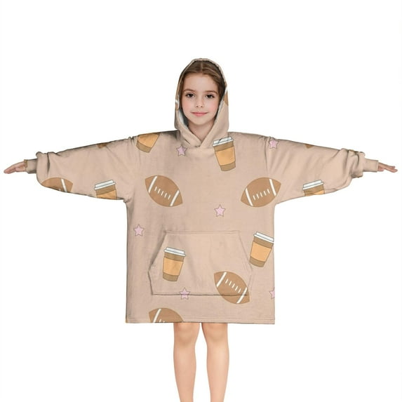 Light Brown Footballs and Cups Pattern Blanket Hoodies for Kids 6-13YR Oversize Wearable Blanket Hoodies for Boys Girls Teens