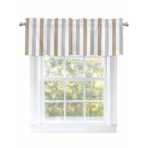 Light Brown Gray Stripes Valances for Windows, Rod Pocket Kitchen Valance Curtains - Soft & Washable Small Window Treatment for Living Room,&nbsp;Bathroom, Geometric , 42x12 Inch, 1 Panel