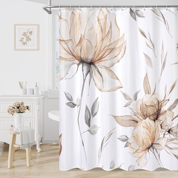 Light Brown and Grey Boho Watercolor Floral Shower Curtain, Ink Painting Style Blossom & Leaf Shower Curtains for Chic Elegant Bathroom, Artistic Tan Fabric Flower Shower Curtain, 72x72