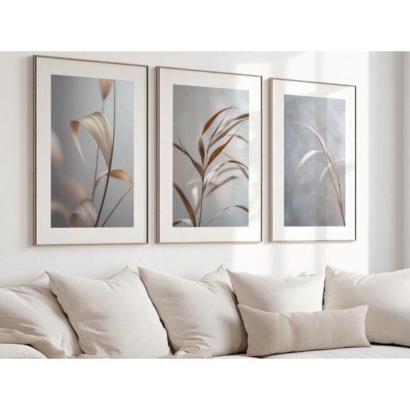Light Brown Light Blue Shades Neutral Grass Botanical Rustic Wall Gallery Home Decor Office Wall Art Set 3