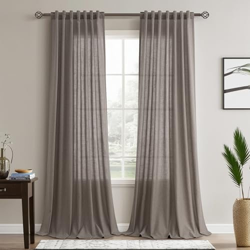 Light Brown Linen Semi Sheer Curtains 108 Inches Length Long Rod Pocket Back Tab Hook Belt Clip Rings Window Curtains Drapes for Bedroom Living Room 2 Panels 52x108