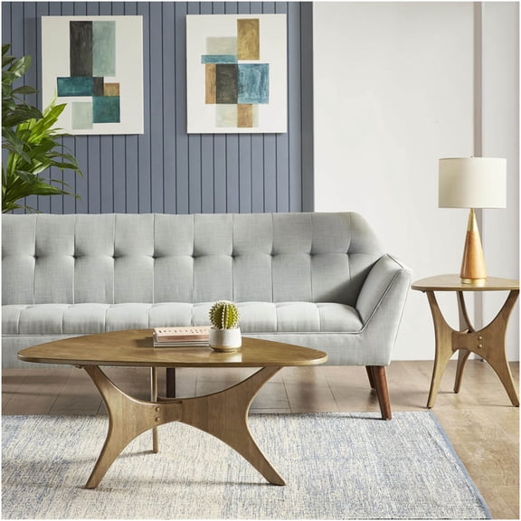 Light Brown Modern Triangle Coffee Table with Wood Veneer Top and Cross Base