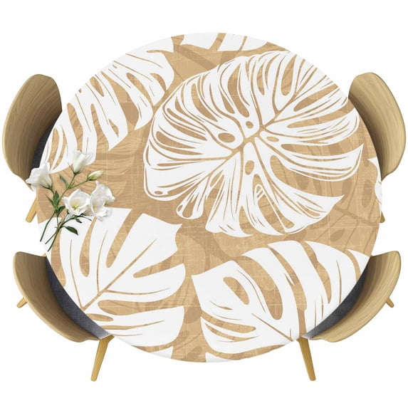 Light Brown Monstera Deliciosa Round Tablecloth 36-44 Inch Round Fitted Table Cloth with Elastic Edge, Tropical Summer Botanical Waterproof Table Cover Protector for Outdoor Picnic Party Dining