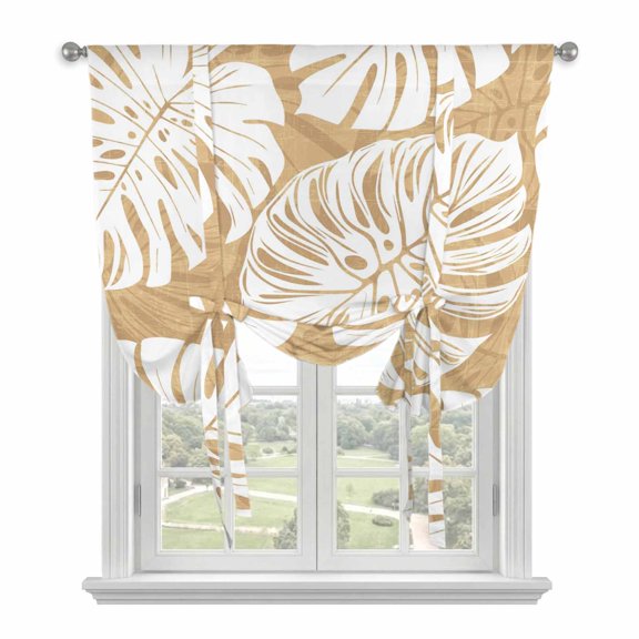 Light Brown Monstera Deliciosa Tie Up Curtains for Small Windows,Adjustable Rod Pocket Valance 45 Inch Short, Tropical Summer Botanical Window Treatment Balloon Roman Blind Shade, 34" x 45"