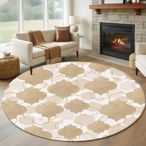 Light Brown Moroccan Round Rug 7ft Washable Circle Rugs Non Slip Modern Geometric Abstract Art Large Area Rug Indoor Floor Carpet for Bedroom Kitchen Living Room Home Office Dining Room Nursery