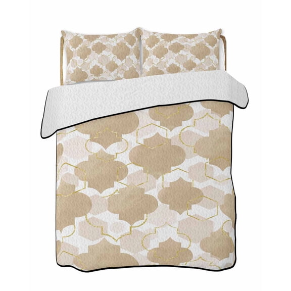 Light Brown Moroccan Style 3 Piece Quilt Bedding Set with 2 Pillow Shams, Gradient Geometric Abstract Lightweight Bedspread Coverlet, Soft Breathable All Season Quilt, 68 x 86 Inch