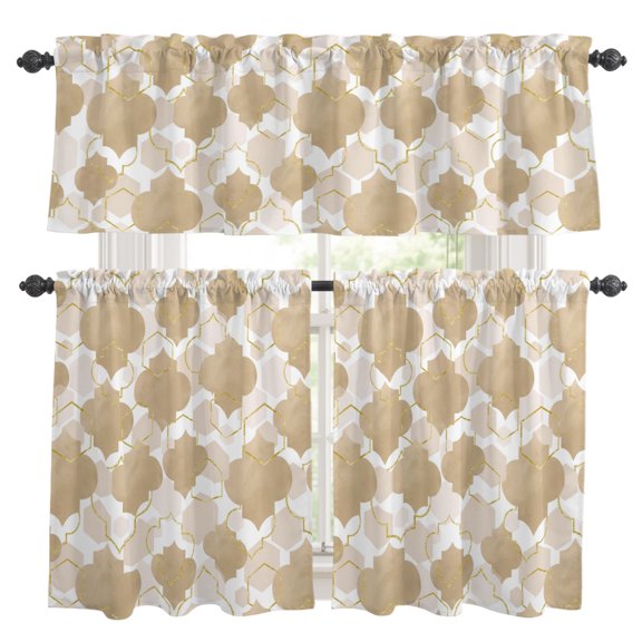 Light Brown Moroccan Style Kitchen Curtains Set for Windows, Gradient Geometric Abstract Curtains Valance and Tier 3 Piece Set Small Drapes 36 Inch Length for Kitchen Bedroom Decor