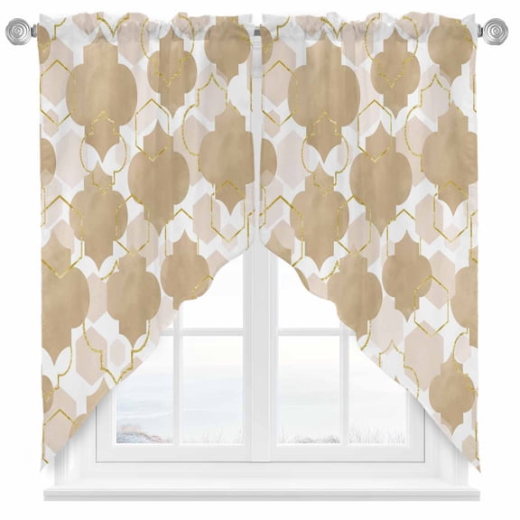 Light Brown Moroccan Style Swag Kitchen Curtain Valances, Gradient Geometric Abstract Rod Pocket Curtains Window Treatment Decor Valances for Bedroom Bathroom, 2 Panels 28 x 36 Inch