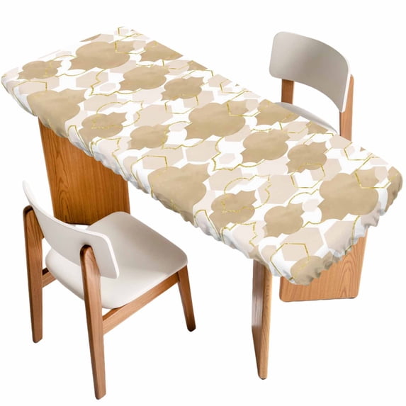 Light Brown Moroccan Table Cloths for 8 Foot Rectangle Tables, Modern Geometric Abstract Art Patio Waterproof Elastic Fitted Tablecloths, Washable Rectangular Table Cover for Camping
