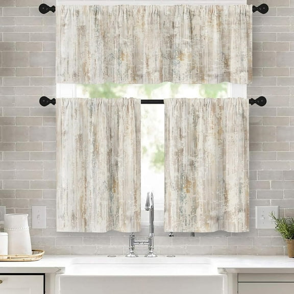 Light Brown Multi Kitchen Window Curtains Valance and Tier Set 36 Inch, Abstract Painting Vintage Rod Pocket Short Tier Curtain for Bathroom, Modern Small Cafe Drapes for Kitchen Decor