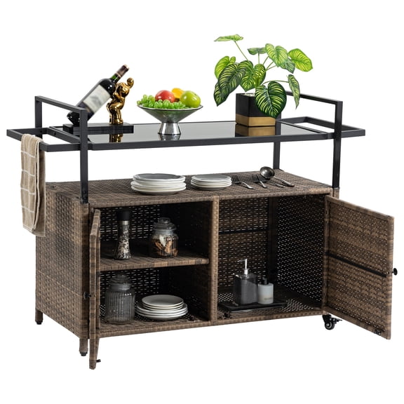 Light Brown Outdoor Wicker Bar Cart with Wheels, Rolling Rattan Beverage Serving Cart with Glass Top for Patio, Garden, Poolside Party - 51.18W