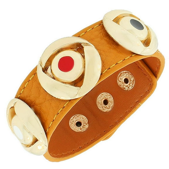 Light Brown PU Leather Bracelet with Yellow Gold-Tone Round Charms, Multicolor Snap Wristband
