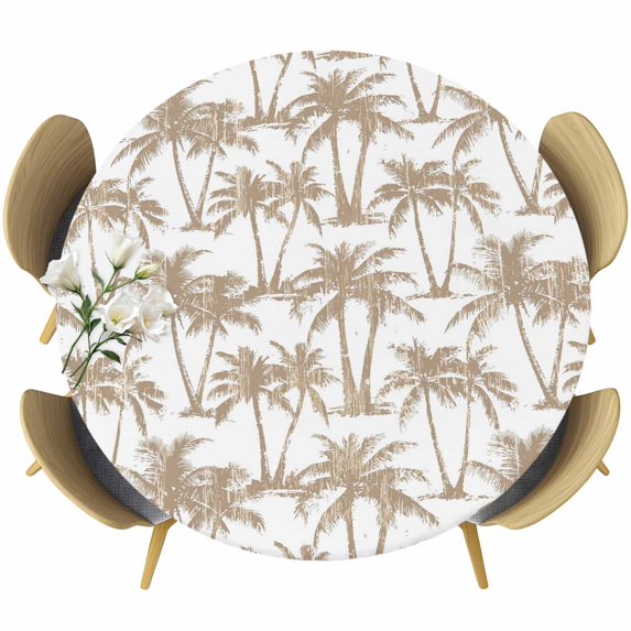 Light Brown Palm Tree Round Tablecloth 45-54 Inch Round Fitted Table Cloth with Elastic Edge, Summer Tropical Tree Coastal Beach Waterproof Table Cover Protector for Outdoor Picnic Party Dining