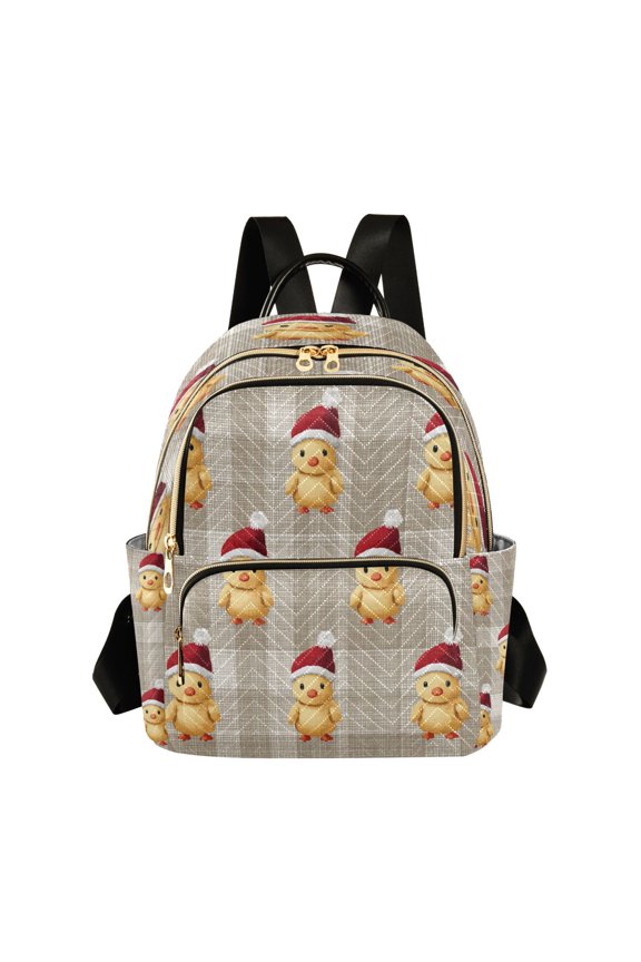 Light Brown Plaid Chickens in Christmas Hat Quilted Backpack Fashion Daypack Commuter Bag for Women 8.5 L