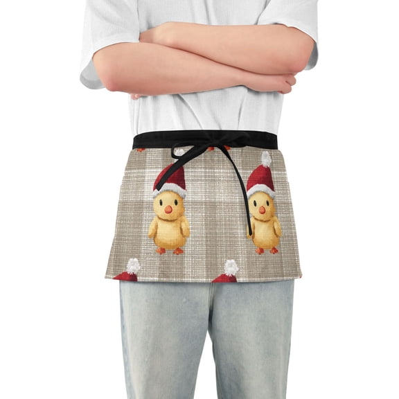 Light Brown Plaid Chickens in Christmas Hat Short Server Apron with 3 Pockets for Unisex Chef Gardening