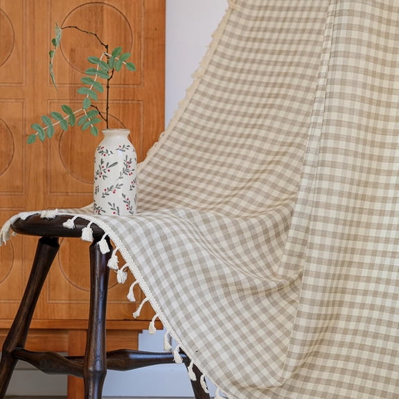 Light Brown Plaid Semi-Sheer Curtains 63" Long, Gingham Country Boho Rod Pocket Drapes, 2 Panels