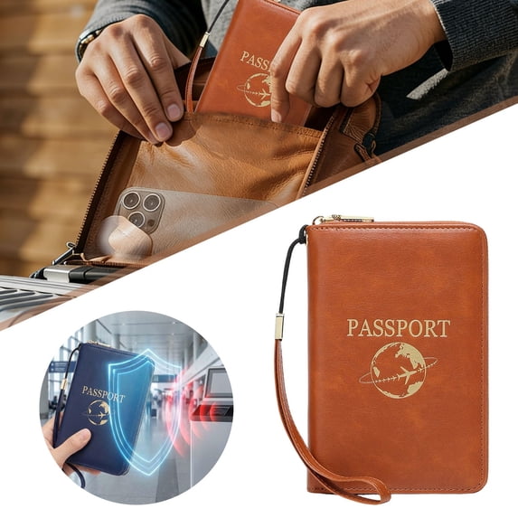 Light Brown RFID Anti Magnetic Passport Wallet – Slim Leather Travel Wallet with Zipper & Wristlet Strap, Holds Credit Cards Tickets Boarding, Great for Summer Travel
