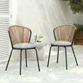 Light Brown Ratten and Black Metal Patio Outdoor Dining Chair with