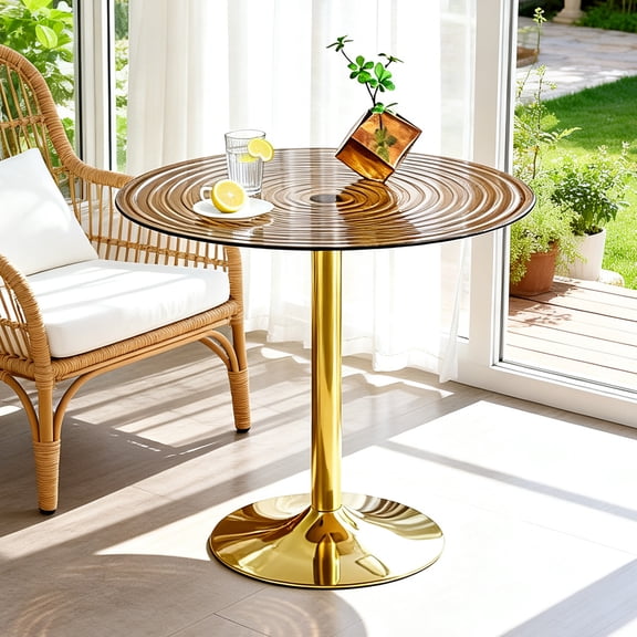 Light Brown Ring-Top Glass Round Table 2-4 Seat, 35" Round Kitchen Table, Golden Metal Base for Meeting Table, Coffee Table, or Dining Table