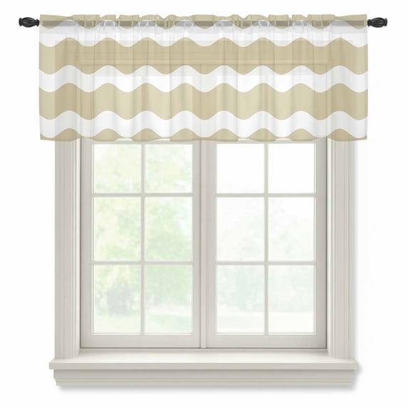 Light Brown Ripple Valance Curtains for Kitchen/Living Room/Bathroom/Bedroom Window,Rod Pocket Small Topper Half Short Window Curtains Sheer Scarf,Simple Light Brown White Waves Aesthetics 54"x18"